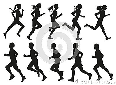 Silhouettes of running people men and women set vector Vector Illustration
