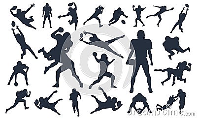 Silhouettes set American Football Players, vector pack, various pose set, super bowl, American football player vector illustration Vector Illustration