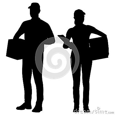 Silhouettes set warehouse workers holding box with a clipboard. Delivery man and woman Vector Illustration