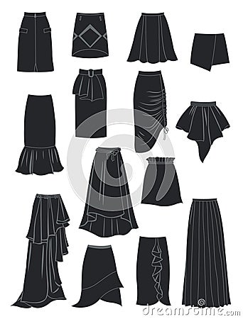 Silhouettes of skirts with asymmetry and folds Vector Illustration