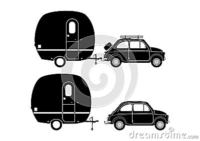 Silhouettes of small vintage car and caravan. Vector Illustration