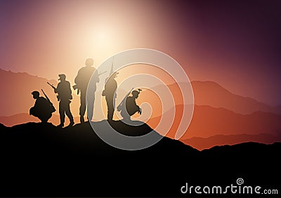 Silhouettes of soldiers on lookout in sunset landscape Vector Illustration