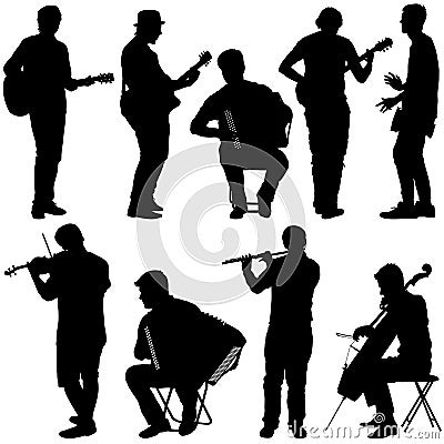 Silhouettes street musicians playing instruments. Vector illustration Vector Illustration