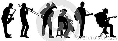 Silhouettes street musicians playing instruments on a white background Vector Illustration