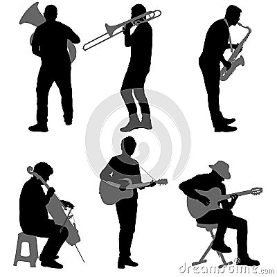 Silhouettes street musicians playing instruments on a white background Vector Illustration