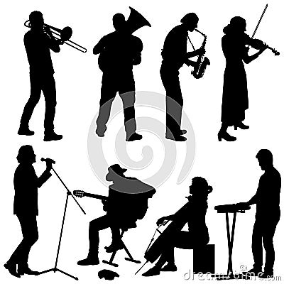 Silhouettes street musicians playing instruments on a white background Vector Illustration