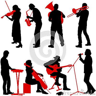 Silhouettes street musicians playing instruments on a white background Vector Illustration