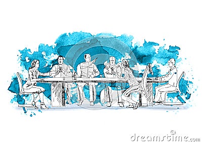 Silhouettes of successful business people working on meeting. Sketch with colourful water colour effects Stock Photo