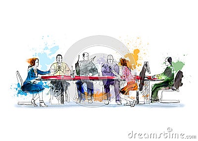 Silhouettes of successful business people working on meeting. Sketch with colourful water colour Stock Photo