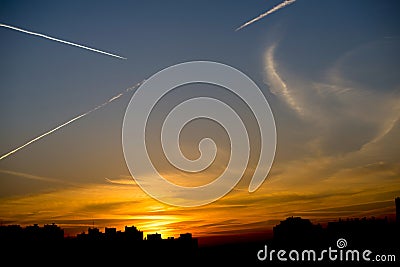 Silhouettes Sunset in the City with blue sky Stock Photo