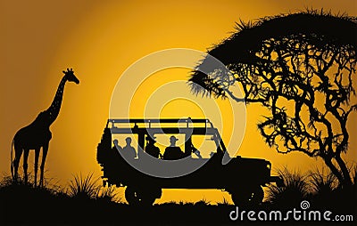 Silhouettes At Sunset Jeep Safari. Generative AI Stock Photo