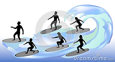 Silhouettes of surfers on waves Vector Illustration