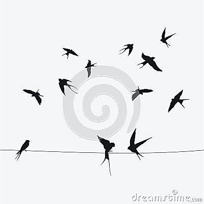 Silhouettes of swallows sitting on wires. Black contour of a flock of birds. Black and white illustration. Tattoo. Vector Illustration