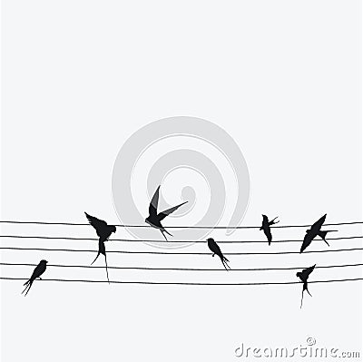 Silhouettes of swallows sitting on wires. Black contour of a flock of birds. Black and white illustration. Tattoo. Vector Illustration