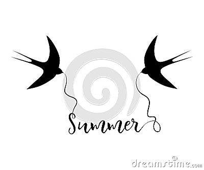 Silhouettes of swallows with the text `Summer` Vector Illustration