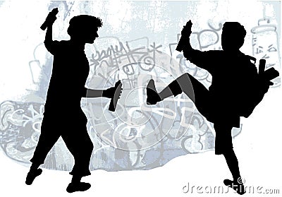 Silhouettes of taggers drawing graffiti Vector Illustration