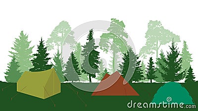 Silhouettes of tents and forest fir trees and pines, camp. Vector illustration Vector Illustration