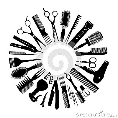 Silhouettes of tools for the hairdresser in a circle Vector Illustration