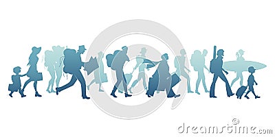 Silhouettes of tourists walking carrying suitcases, backpacks, map, guitar, and surfboard. Stock Photo