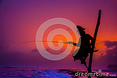 Silhouettes of the traditional Sri Lankan stilt fishermen Editorial Stock Photo