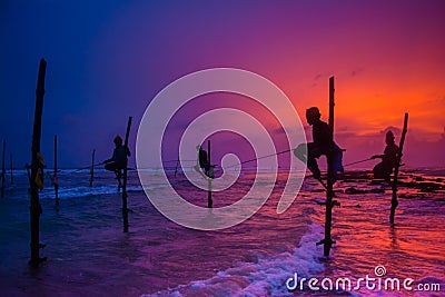 Silhouettes of the traditional Sri Lankan stilt fishermen Editorial Stock Photo