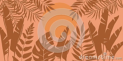 Silhouettes of tropical trees and leaves, banana, palm, monstera, fern. African landscape at sunset and dawn background Stock Photo