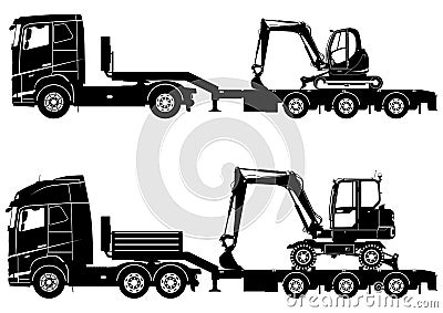 Silhouettes of trucks with excavators Vector Illustration