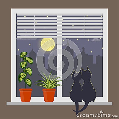 Silhouettes of two cats sitting on a windowsill under the light of the moon. Night city outside the window. Blinds on window and r Cartoon Illustration