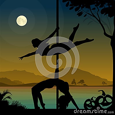 Silhouettes of two female pole dancers performing pole moves in front of river and full moon at Halloween night Stock Photo