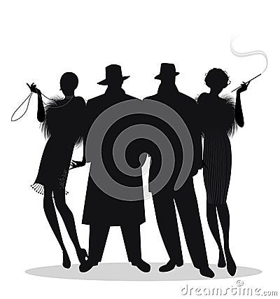 Silhouettes of two men and two flapper girls 20s style isolated Vector Illustration