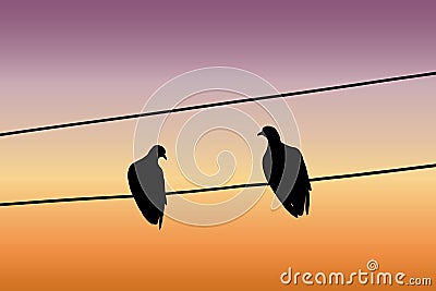 Silhouettes of two pigeons sitting on a wire against the sunset sky Vector Illustration