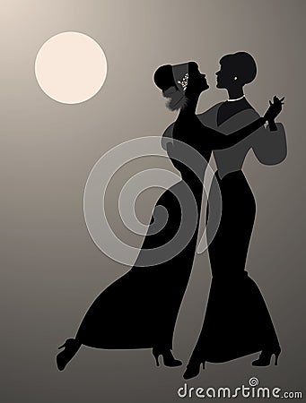 Silhouettes of two women dancing together under the moon Stock Photo