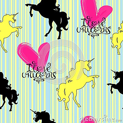 Silhouettes of unicorns yellow and black with lettering on a striped background seamless pattern Vector Illustration