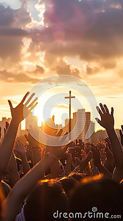 Silhouettes of uplifted hands against a sunset sky with a Christian cross, conveying a sense of communal faith. Stock Photo