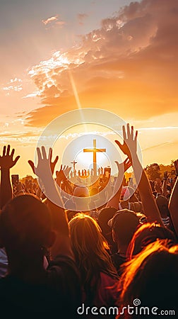 Silhouettes of uplifted hands against a sunset sky with a Christian cross, conveying a sense of communal faith. Stock Photo