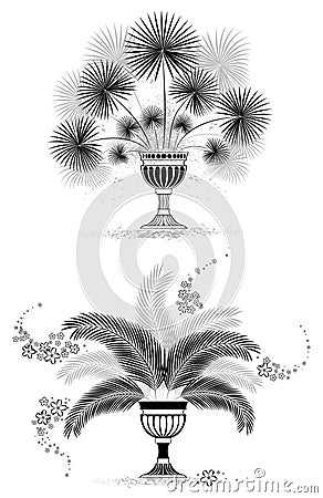 Silhouettes of vases with palm leaves Vector Illustration