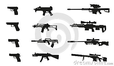 Silhouettes of weapons. A large set of modern and not only small arms in vector Vector Illustration