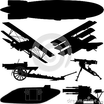 Silhouettes of weapons from World War I (Great War) Vector Illustration
