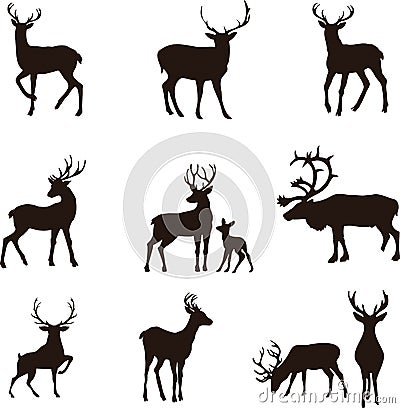 Set of deer silhouettes (9 pieces) Vector Illustration