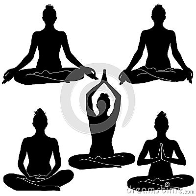 Silhouettes of woman sitting in meditation positions. Vector Illustration