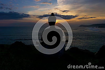 Silhouettes Woman Yoga Relax in Nature Beach Stock Photo