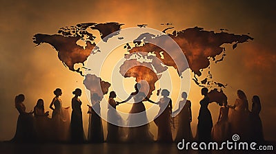 Silhouettes of women in front of a world map. Representing societies and different cultures Cartoon Illustration