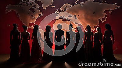 Silhouettes of women in front of a world map. Representing societies and different cultures Cartoon Illustration