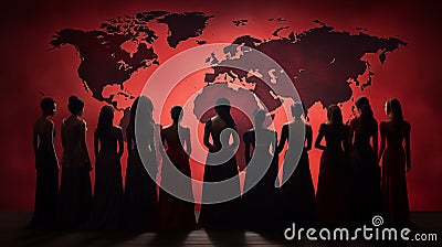 Silhouettes of women in front of a world map. Representing societies and different cultures Cartoon Illustration