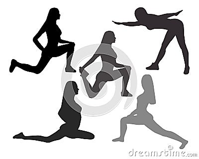 Silhouettes of Women in Yoga poses and sport exercises on a whit Vector Illustration