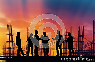 silhouettes of workers on the construction site. illustration for cover site or book, ai generative Cartoon Illustration