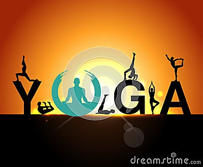 Silhouettes in the yoga poses on a early morning background, world yoga day, design templates for spa center or yoga studio Vector Illustration