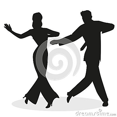 Silhouettes of young couple dressed in retro clothes, dancing tap, swing or Broadway style, isolated on white background Stock Photo