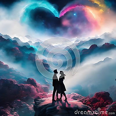 Silhouettes of a young romantic couple standing in the fantasy landscape Stock Photo