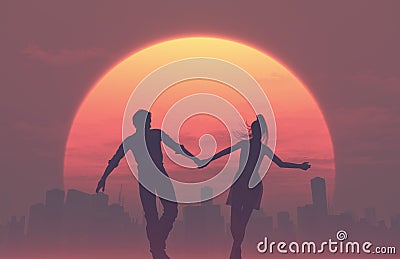 Silhouettes of young romantic couple Cartoon Illustration